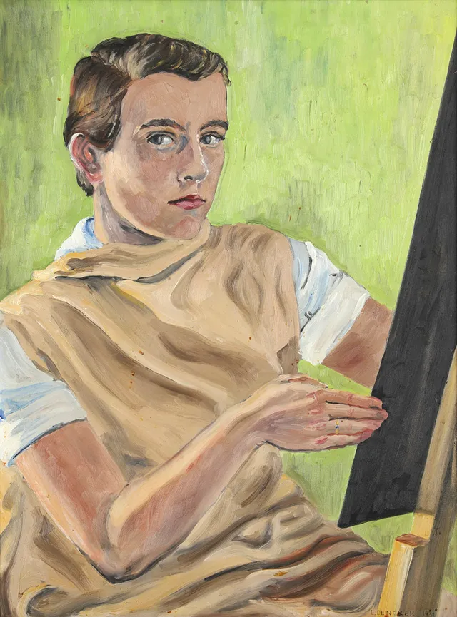LISE DROUGGE (född Dencker, Landskrona 1919 - 2022 Sundbyberg), Vid staffliet, signerad och daterad 1937, olja på pannå.