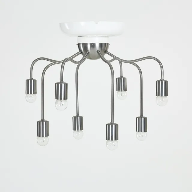 JOSEF FRANK. Taklampa, modell 2358, Firma Svenskt Tenn, 8 ljusarmar, borstad vitmetall, monterad på lackerad kupa, märkt.