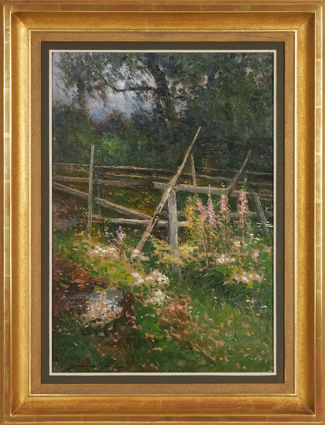 SEVERIN NILSON. Landskapsmotiv med blommor och gärdsgård, olja på duk, signerad.