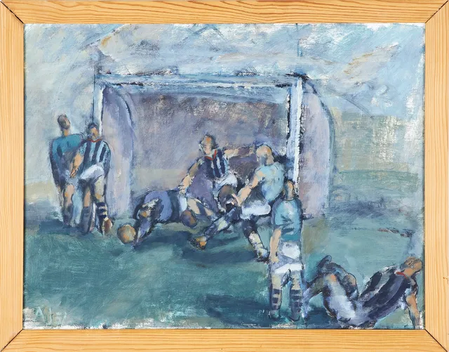 ALVAR JANSSON (1922-1990). Fotbollsmatch, olja på duk, monogramsignerad.