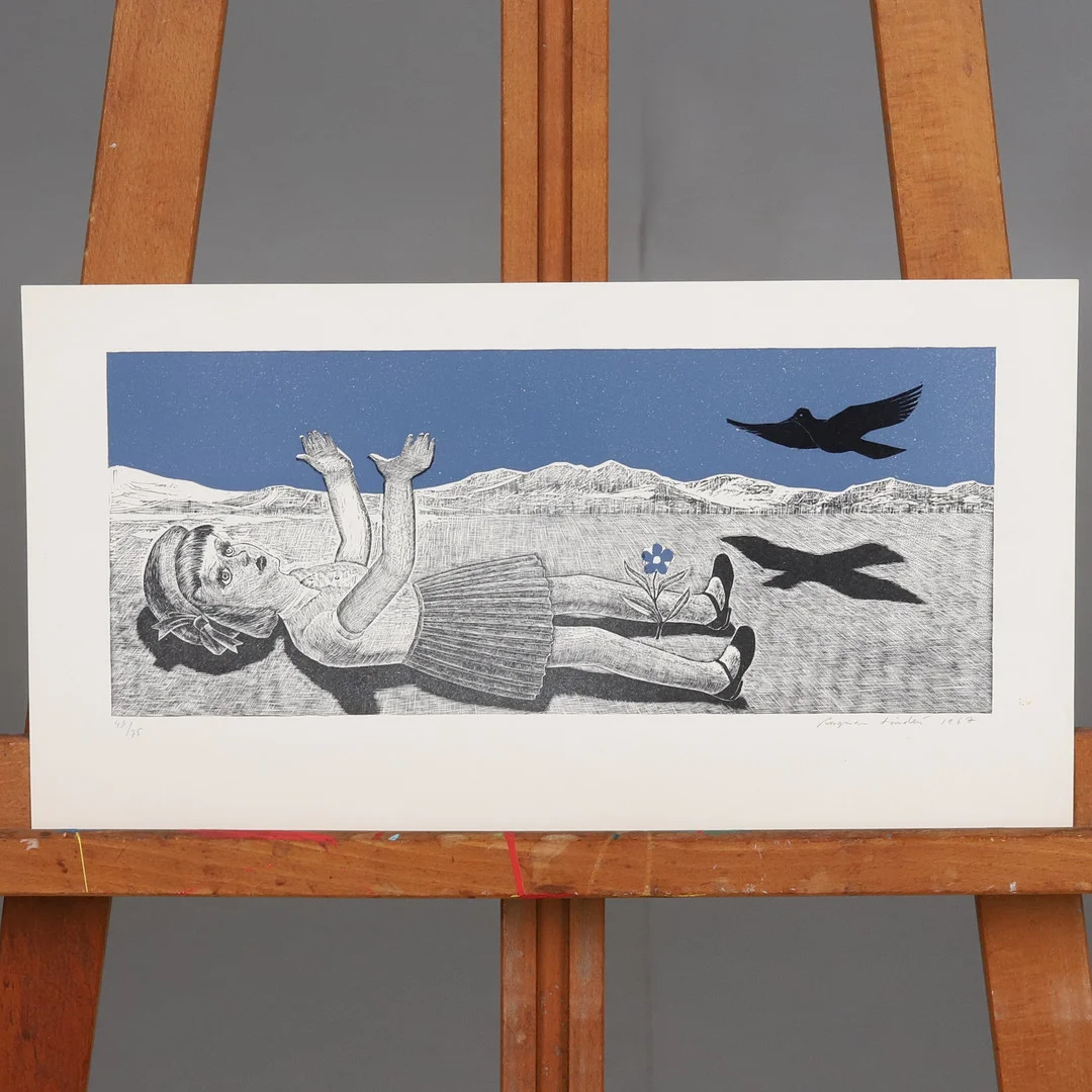 RAGNAR LINDÉN. FÄRGLITOGRAFI, "Docka och fågel" signerad och daterad 1967. — Engravings & Prints — Örebro Stadsauktioner