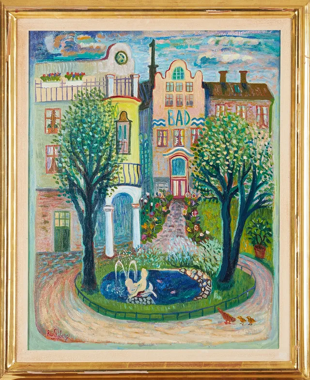ELIS RYBERG (1919-1985): "Centralbadet Trädgården", signerad Elis Ryberg, olja på duk.