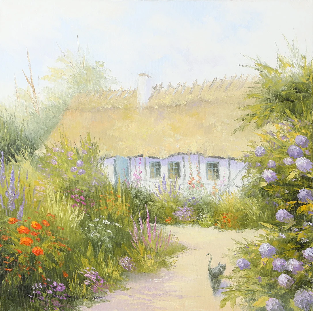AGNETA AGGE KARLSSON. Trädgård vid sommartorpet, olja på duk, signerad. — Paintings — Helsingborgs Auktionskammare
