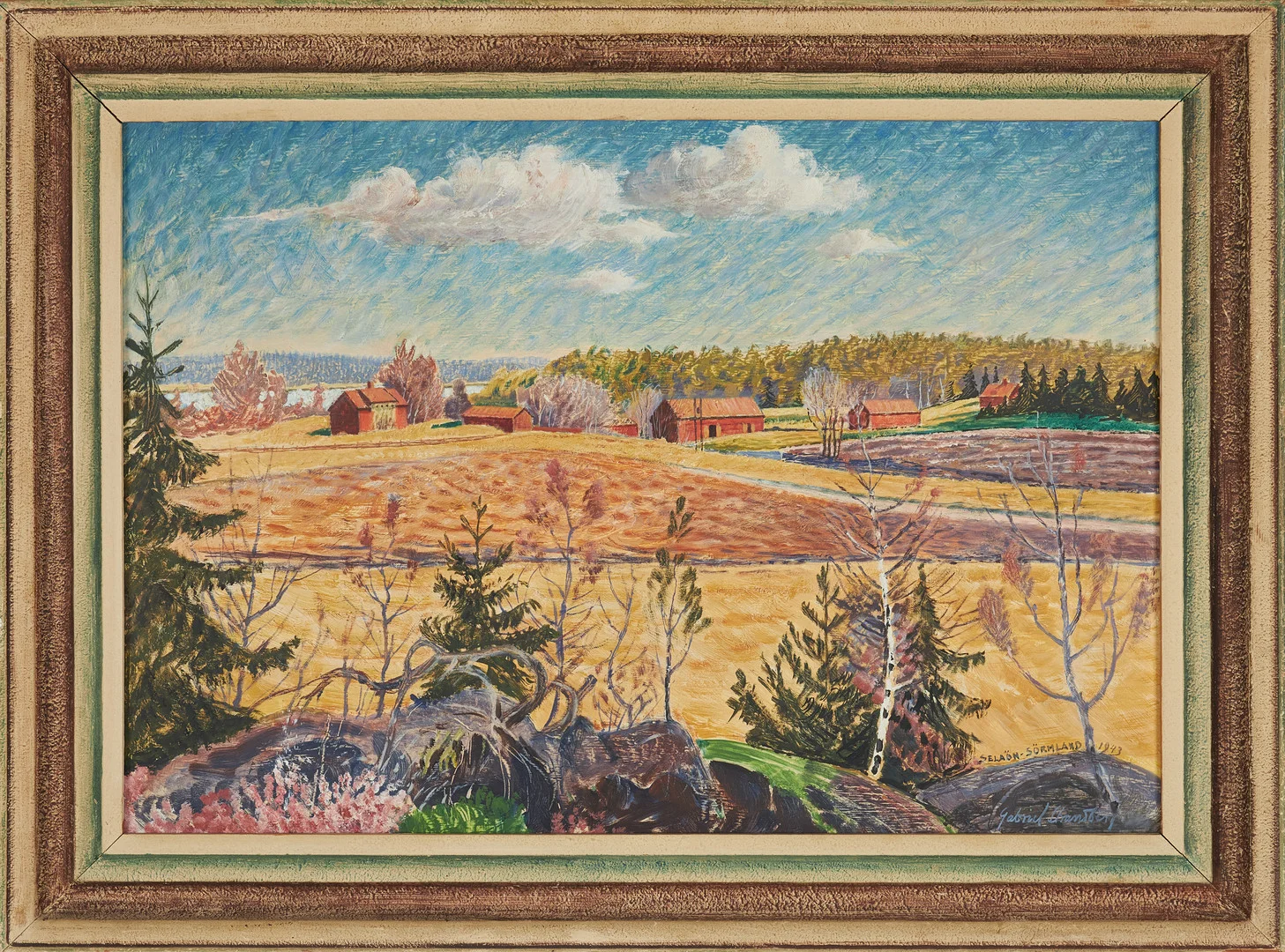 GABRIEL STRANDBERG. Landskapsmotiv från Selaön, Sörmland, olja på pannå, signerad och daterad 1943. — Paintings — Stockholms Auktionsverk Sickla
