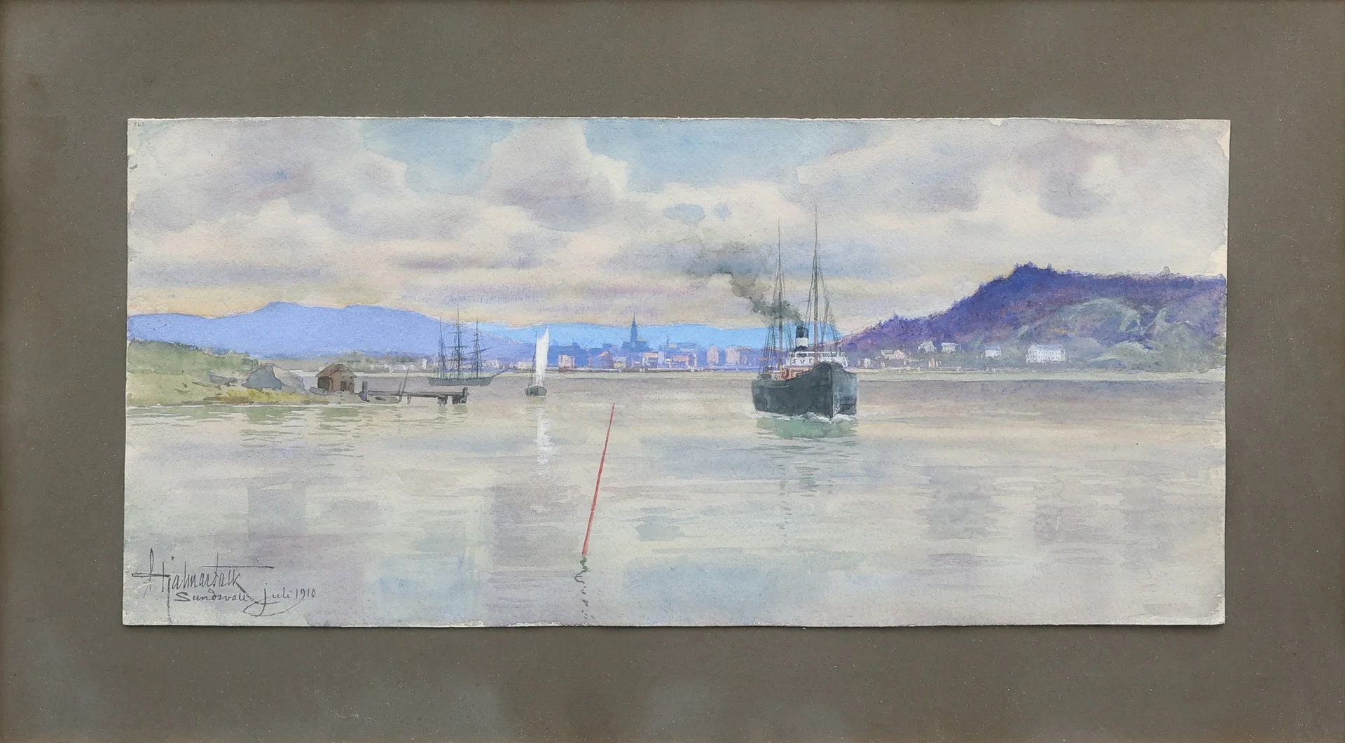 HJALMAR FALK (1859-1928). "Sundsvall juni 1910", akvarell, signerad och daterad. — Paintings — Garpenhus Auktioner