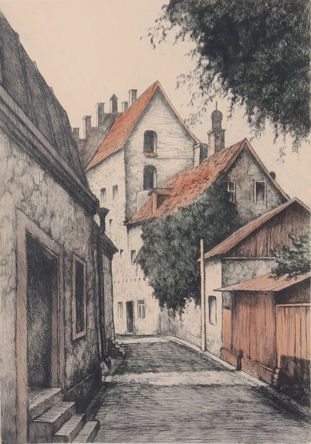 GASTON SMIDT. etsning, “Lybska gränd Visby”.