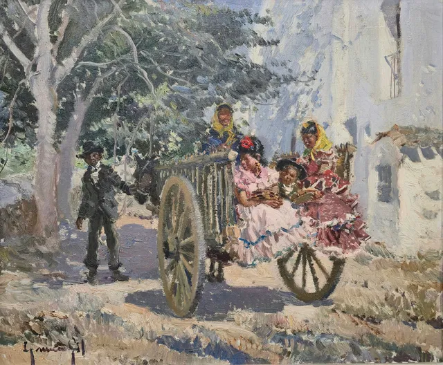 IGNACIO GIL SALA. PAYESAS EN CARRUAJE. ÓLEO SOBRE LIENZO.