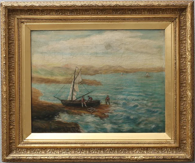 OIDENTIFIERAD KONSTNÄR. Kustbild med fiskare. Olja på duk, signerad E.L.