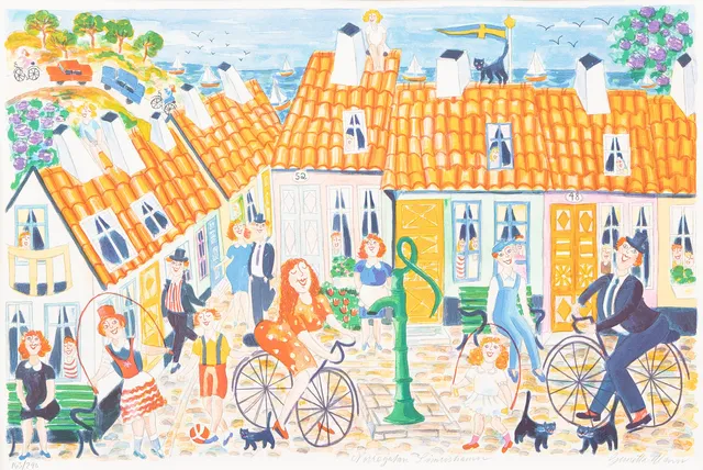 GUNILLA MANN. Norregatan Simrishamn, färglitografi, signerad och numrerad 163/290.