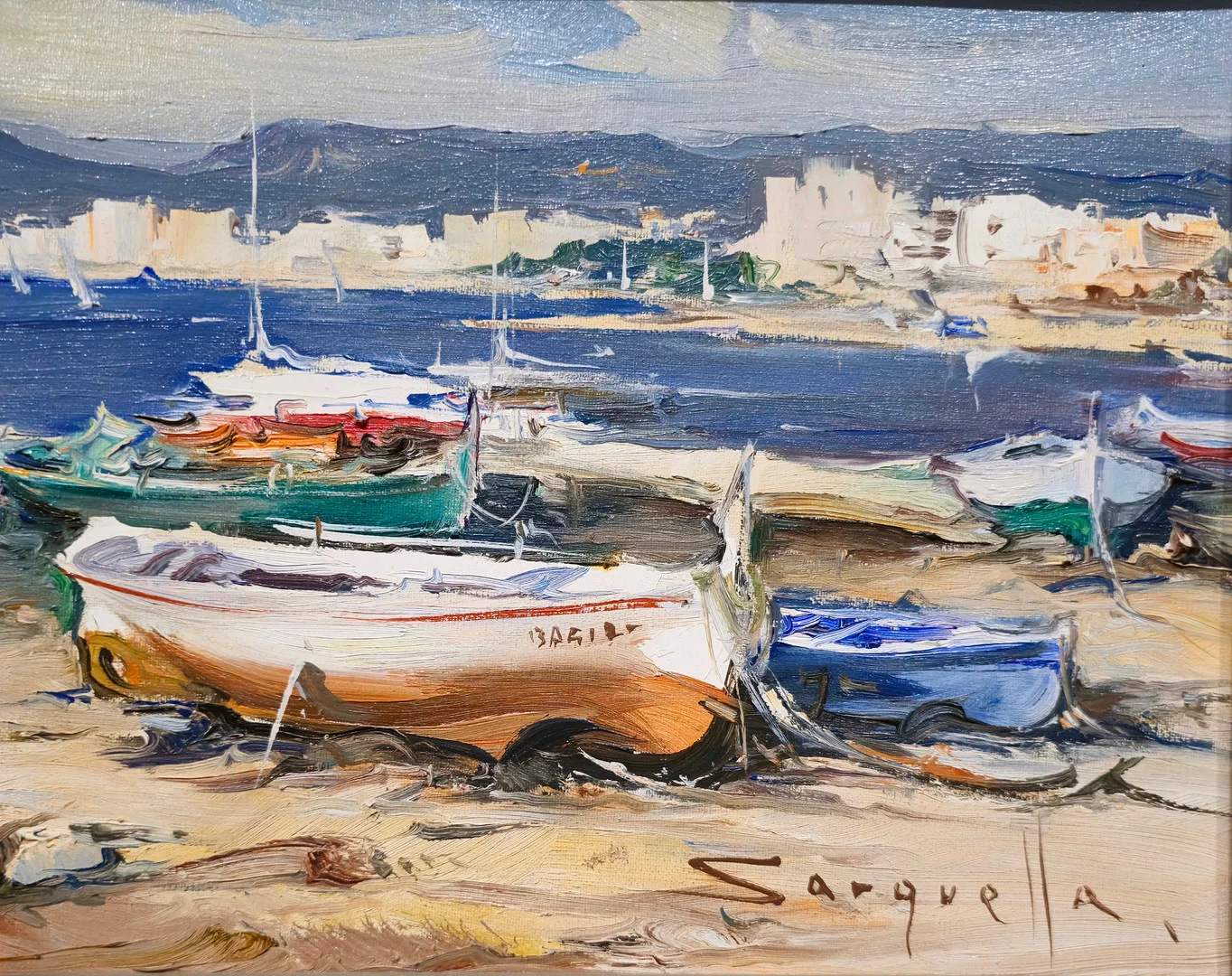 JOSEP SARQUELLA. BARCAS DE PESCA EN LA ORILLA. ÓLEO SOBRE LIENZO. — Paintings — Barcelona Auctions