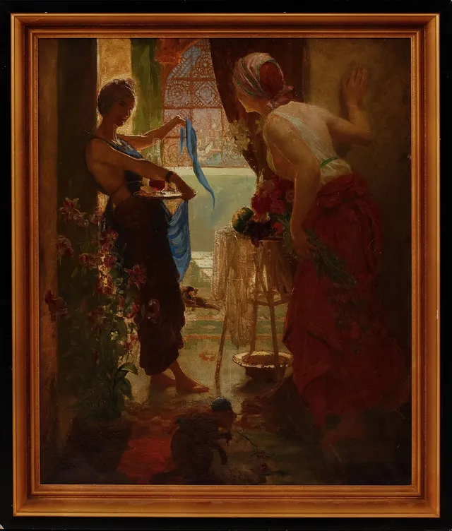 OIDENTIFERAD KONSTNÄR. Orientalisk interiör med kvinnor och apa, olja på duk, signerad A. Renoir, 18/1900-tal.