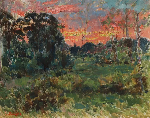 ERNST SMITH. Olja på pannå, landskap i solnedgång, signerad.