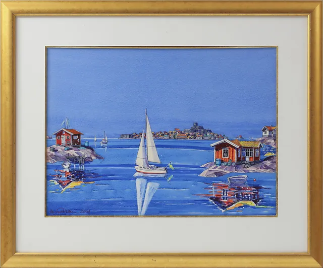 ARIANA RAMHAGE. Kustbild mot Marstrand, akvarell, signerad.
