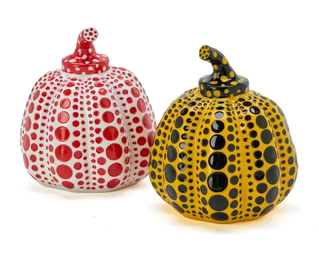 “Pumpkin red/white” and “Pumpkin Yellow/black”, circa 2013. Copyright Yayoi Kusama at the base. Painted resin. H. 9. In original box. (2)