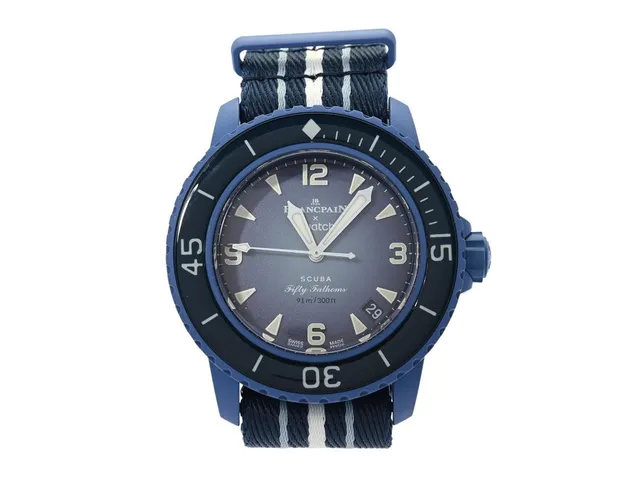 SWATCH/BLANCPAIN, Scuba Fifthy Fathoms, "Atalntic Ocean", Ref nr. S035A100, herrur, 42,3 mm, bioceramic, automatisk, plexiglas, blå bioceramic ring, NATO-band, cert, november 2023, box.