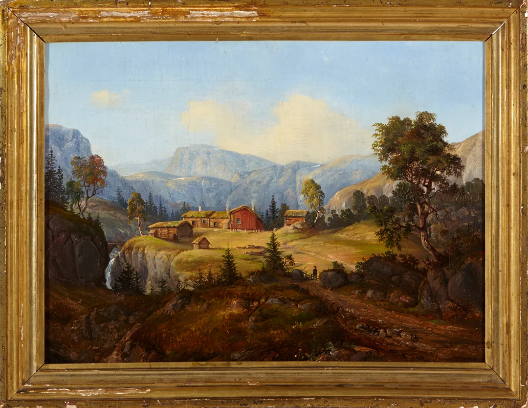 Due, Christian — Fjellandskap med gård — Kunst/Maleri — Blomqvist