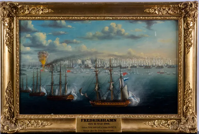 PER WILHELM CEDERGREN. Fredrikshamn, Den 15 Maji 1790, Améens Flotta, under befäl af Konung Gustaf III, Segrande öfver Ryska skärgårds-flottan signerad Cedergren daterad 1852, olja på duk.