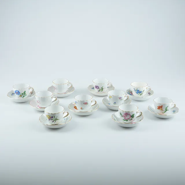 KOPPAR MED FAT, 10 st, porslin, Meissen, Tyskland.