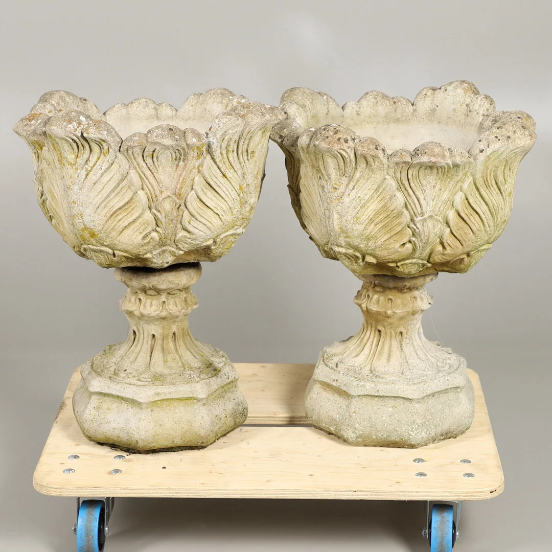 A PAIR OF RECONSTITUTED STONE ACANTHUS LEAF DECORATIVE URN PLANTERS. — Garden — Lawrences Auctioneers