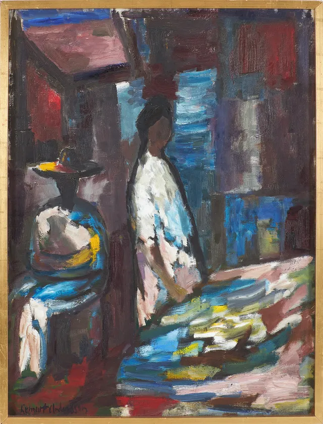 LENNART ANDERSSON (1915-2009). Sydländskt par, interiör, olja på duk, signerad.