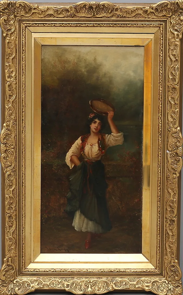 WILLIAM LANGLEY. Kvinna med tamburin. Olja på duk, signerad.