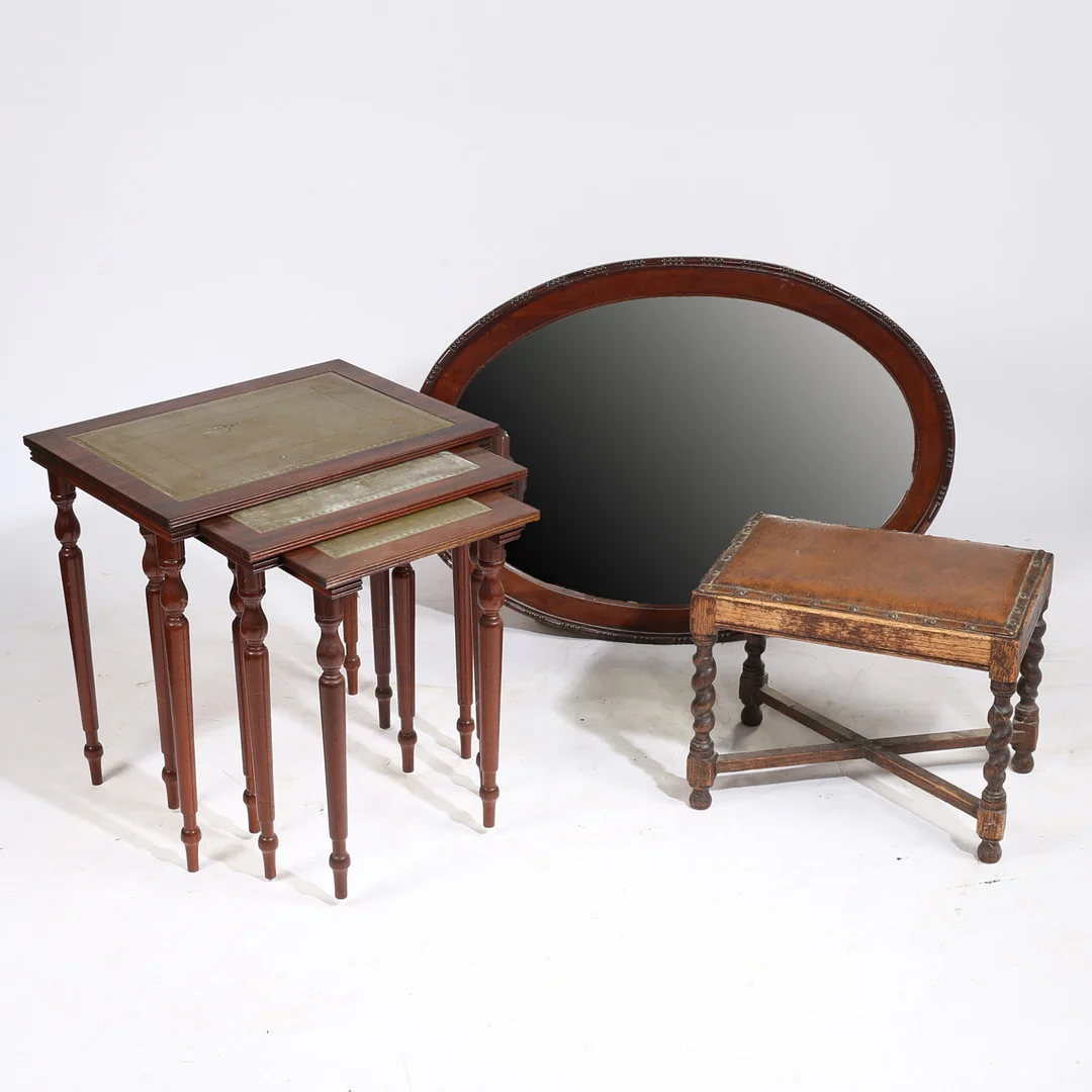A NEST OF THREE TABLES, A MAHOGANY WALL MIRROR AND A SMALLL OAK AND LEATHER TOPPED STOOL (3). — Other — Bishop & Miller