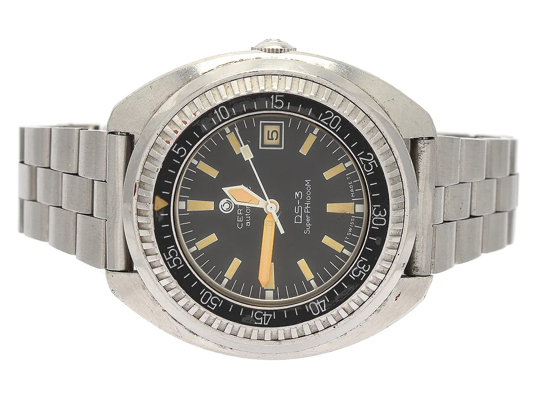 CERTINA, DS-3, Super PH 1000M (T Swiss Made T), Cal 919-1, Ref nr. 919.1301.41, Boett nr. 919.1301.41 (C.B), herrur, 45 mm, stål, automatisk, mineralglas, datum, defekt (manuell uppdragning), ca 1976, metallänk ej original. — Klockor/Certina — Kaplans
