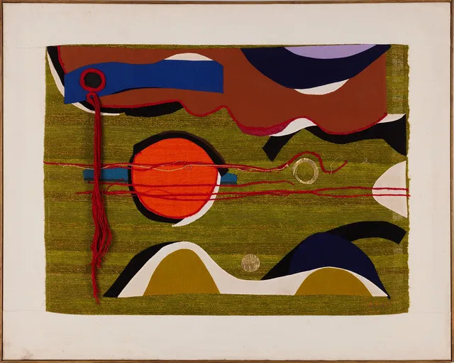 GUNILLA EKSTRÖMER FÜRST (FÖDD 1933). Abstrakt komposition III, assemblage, textil och metall, signerad och daterad "GEF 70".