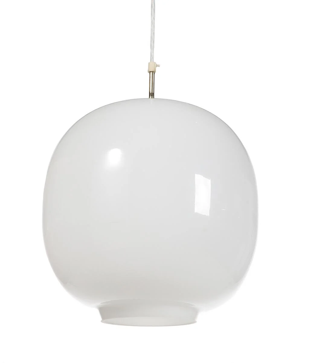 “Radiohus pendant”. A pendant with opal glass shade with brass mounting. Manufactured by Louis Poulsen. H. incl. mounting 46.5. Diam. 35 cm. — Modern Lighting — Bruun Rasmussen