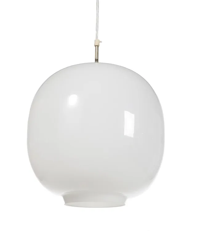 “Radiohus pendant”. A pendant with opal glass shade with brass mounting. Manufactured by Louis Poulsen. H. incl. mounting 46.5. Diam. 35 cm.