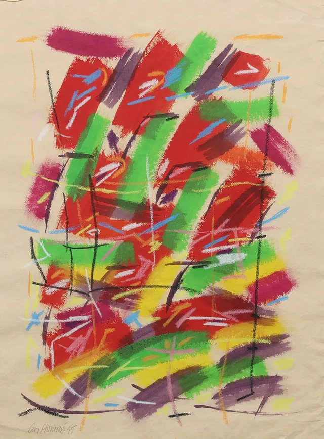 LISE HONORÉ (1940 -). Abstrakt komposition, oliekridt på papir, signeret, Danmark, 1995.