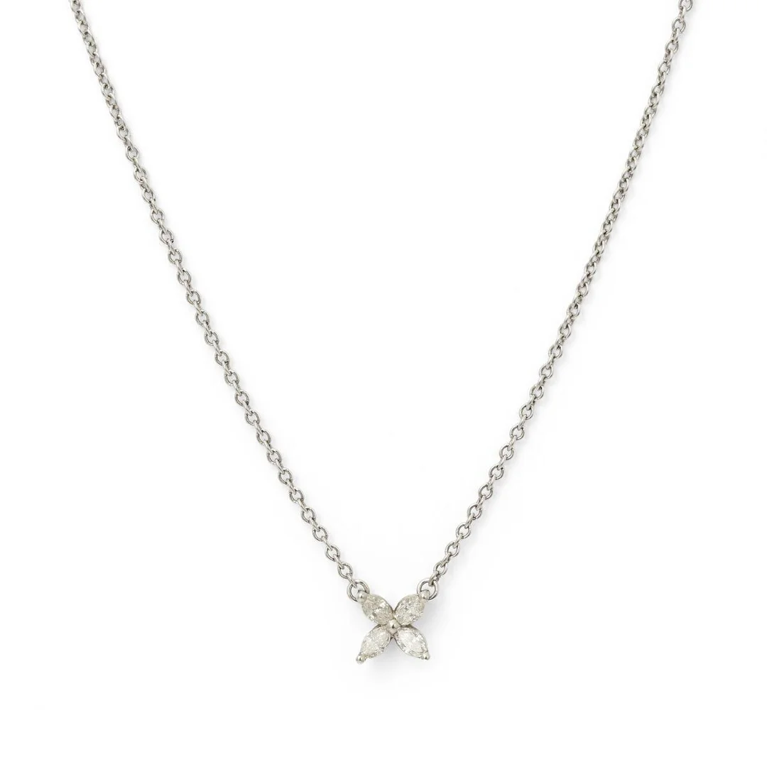 A “Victoria” necklace with a diamond pendant set with four marquise-cut diamonds weighing a total of app. 0.32 ct., mounted in platinum. Weight app. 2.2 g. L. 40.5 cm. — Jewellery/Necklaces & pendants — Bruun Rasmussen