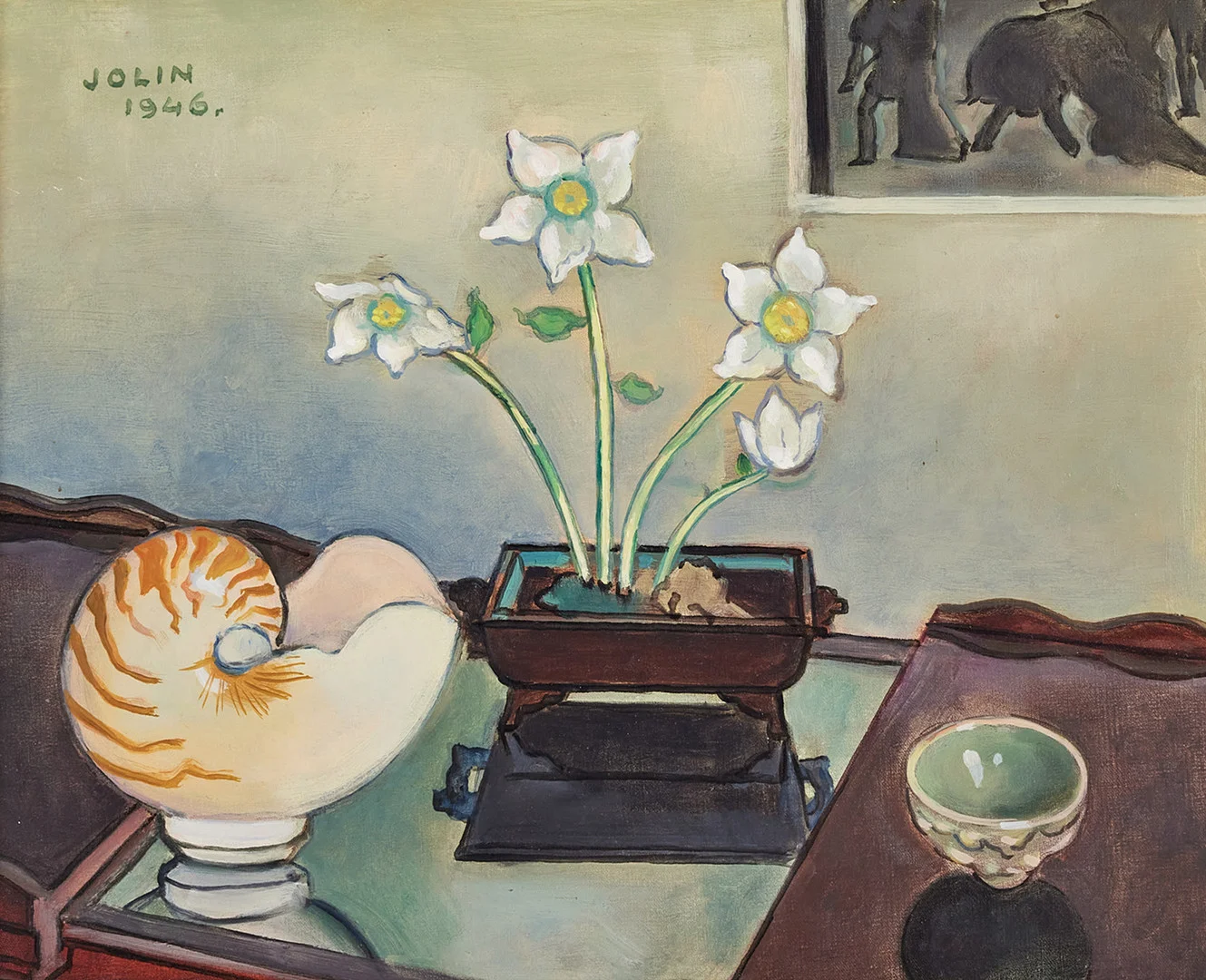 EINAR JOLIN. Stilleben med snäcka och narcisser, olja på duk, 33 x 41 cm. — Paintings — Stockholms Auktionsverk Fine Art