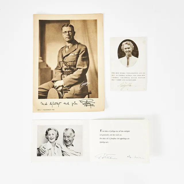 KUNGLIGHETER: GUSTAV VI ADOLF, PRINS BERTIL, PRINSESSAN LILIAN, PRINSESSAN SIBYLLA, 3 signerade kort.