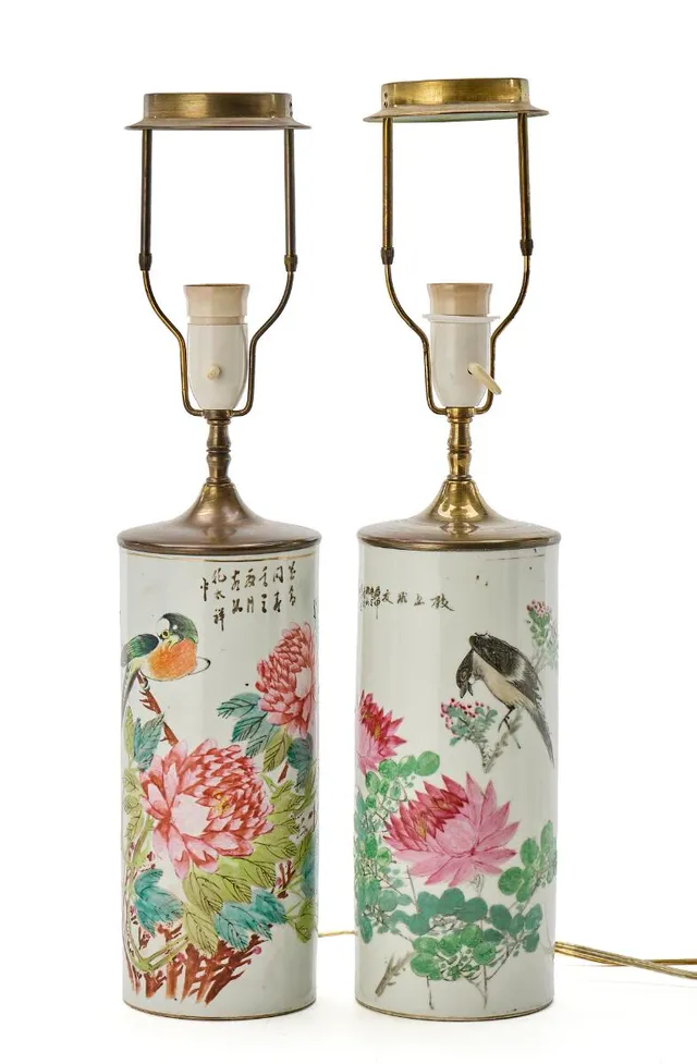 Two Chinese enamelled porcelain vases, cylindrical, decorated with peonies, birds and calligraphy. Republic period. Mounted as lamps. H. excl. mounting 28 cm. (2)