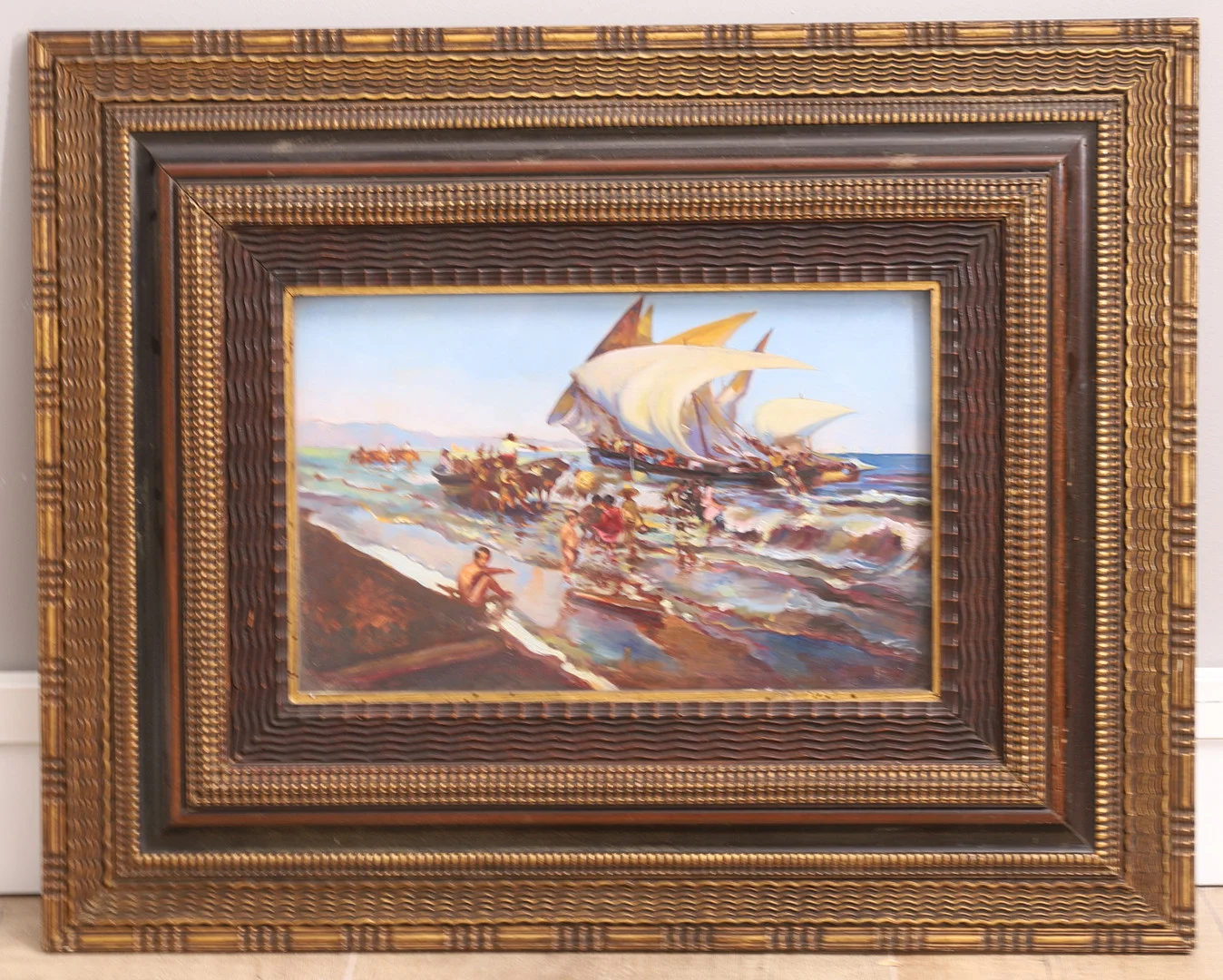 ESCUELA VALENCIANA PRINCIPIOS SIGLO XX. Día de playa, óleo sobre tabla, firma ilegible. — Paintings — Barcelona Auctions