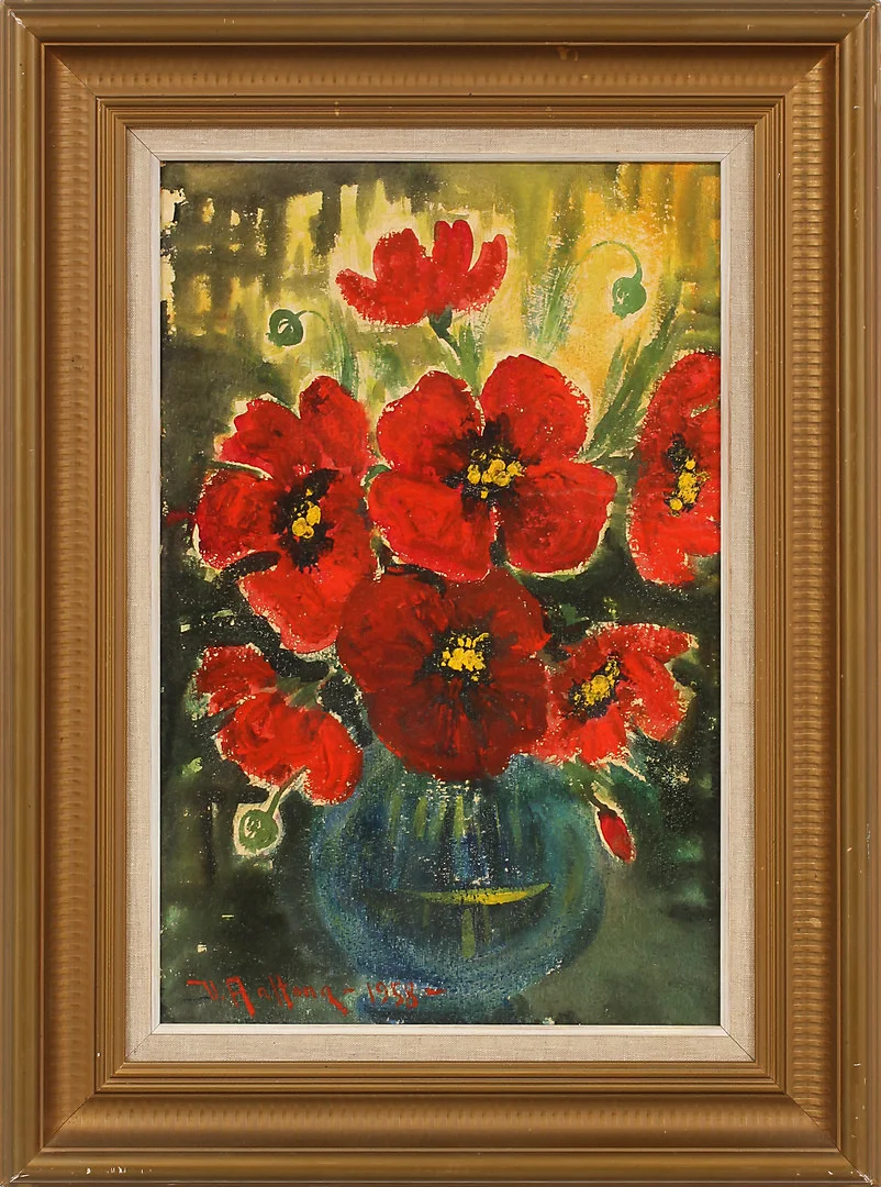 VEIKKO AALTONA. Blomsterstilleben, olja på papper, uppfodrad på duk, signerad och daterad 1958. — Paintings — Göteborgs Auktionsverk