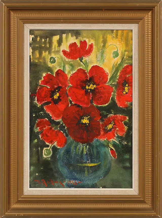 VEIKKO AALTONA. Blomsterstilleben, olja på papper, uppfodrad på duk, signerad och daterad 1958.