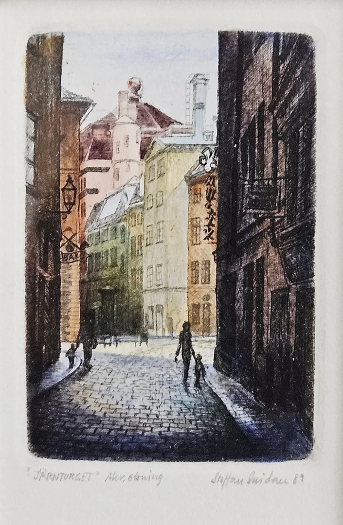 STAFFAN SNIDARE. "Järntorget". Akvarellerad etsning, signerad Staffan Snidare och daterad 89. — Engravings & Prints — Auktionshuset Thörner & Ek