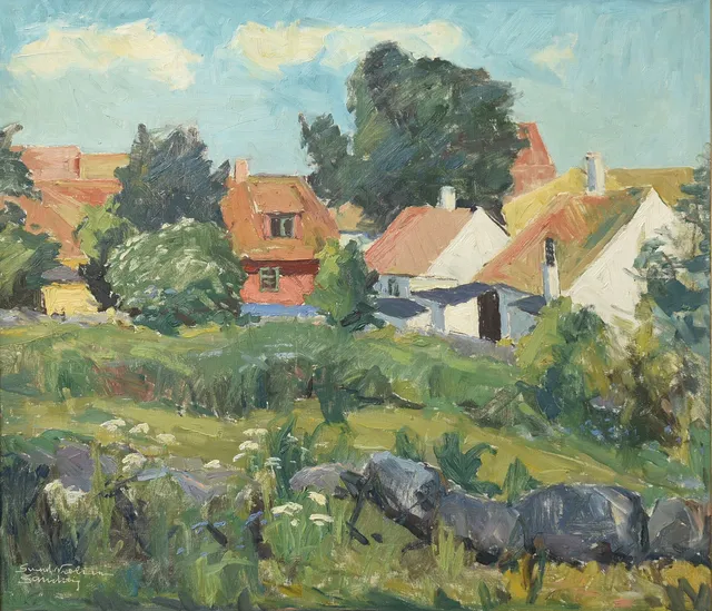 SVEND NIELSEN. (1908-1993) Udsigt fra have på Bornholm, olie på lærred. Danmark 20 årh. Signeret.