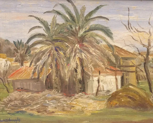 BO VON ZWEIGBERGK. "PALMER PROVENSALSK BONDGÅRD 1930", OLJA PÅ PANNÅ.