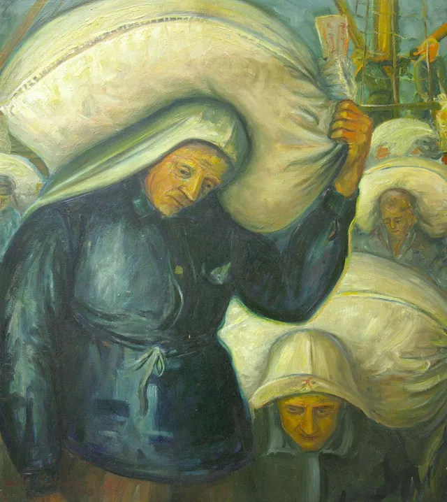 GÖSTA BOHM. olja på pannå, säckbärare, Hudiksvall, Hamnen, 1934.