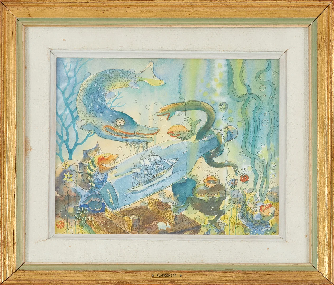 JOHN HAAVS JOHNSON. "Flaskskepp", akvarell på papper, signerad och daterad -48. — Paintings — Stockholms Auktionsverk Sickla