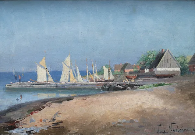 WALDEMAR NYSTRÖM (1864-1924). olja på duk, båtar och hus vid strand, signerad, daterad -88.