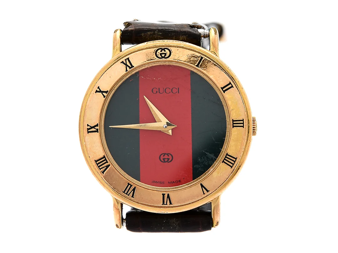 GUCCI, damur, 26 mm, Boett nr. 3000 L, doublé, quartz (går ej), mineralglas, skadad urtavla, skadad boett, läderband, originalspänne i doubklé, ca 1989. — Klockor/Gucci — Kaplans