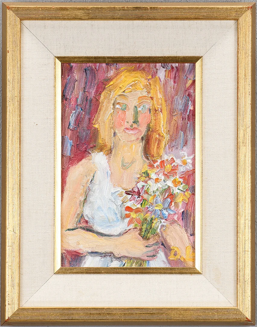 DAVID LARSSON. "Flicka med bukett", olja på duk, signerad D.L. — Paintings — Karlstad Hammarö Auktionsverk