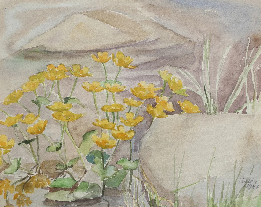 OIDENTIFIERAD KONSTNÄR. Akvarell, blommor i vattenbryn, signerad I. Dalén och daterad 1947. — Paintings — Ekenbergs Auktioner