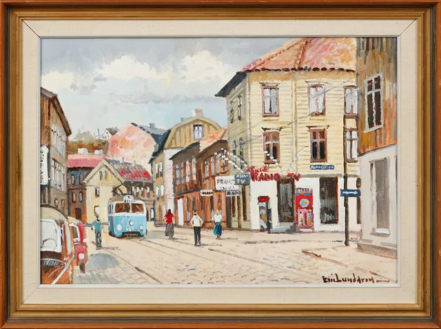 ERIC LUNDGREN. "Västergatan/Albogatan", olja på duk, signerad.