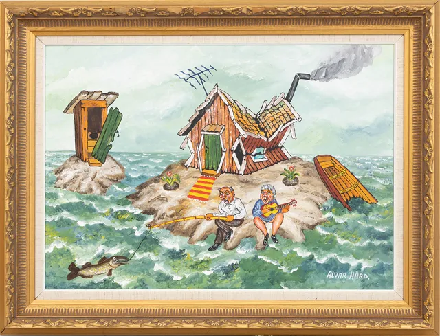 ALVAR HÅRD. "En avstressande semester på sommarstället", olja på duk, signerad.