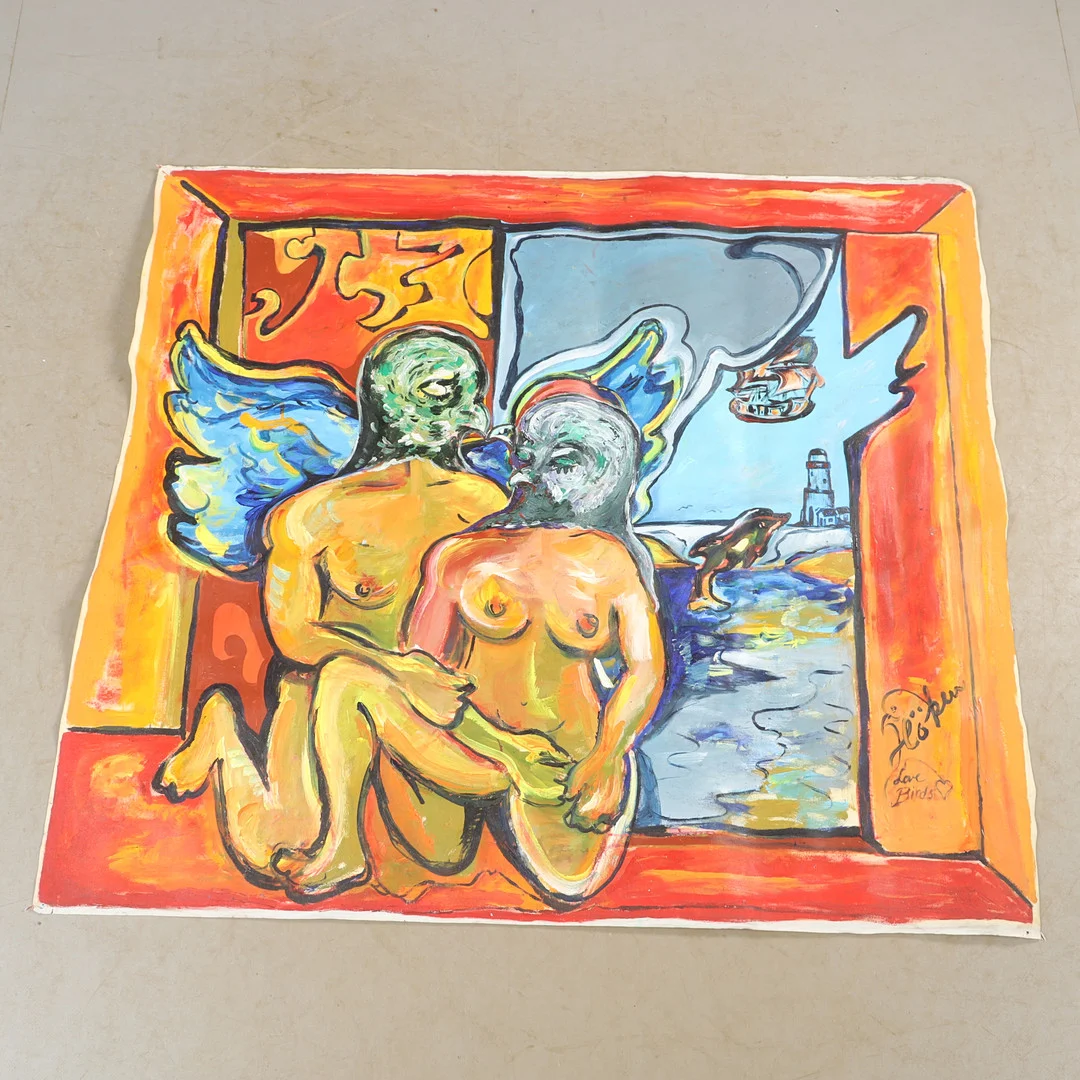 SVEN-ARNE "HÖKEN" HÖKENSTRÖM. "Love Birds", signerad Höken, olja på duk/plast. — Paintings — Helsingborgs Auktionskammare